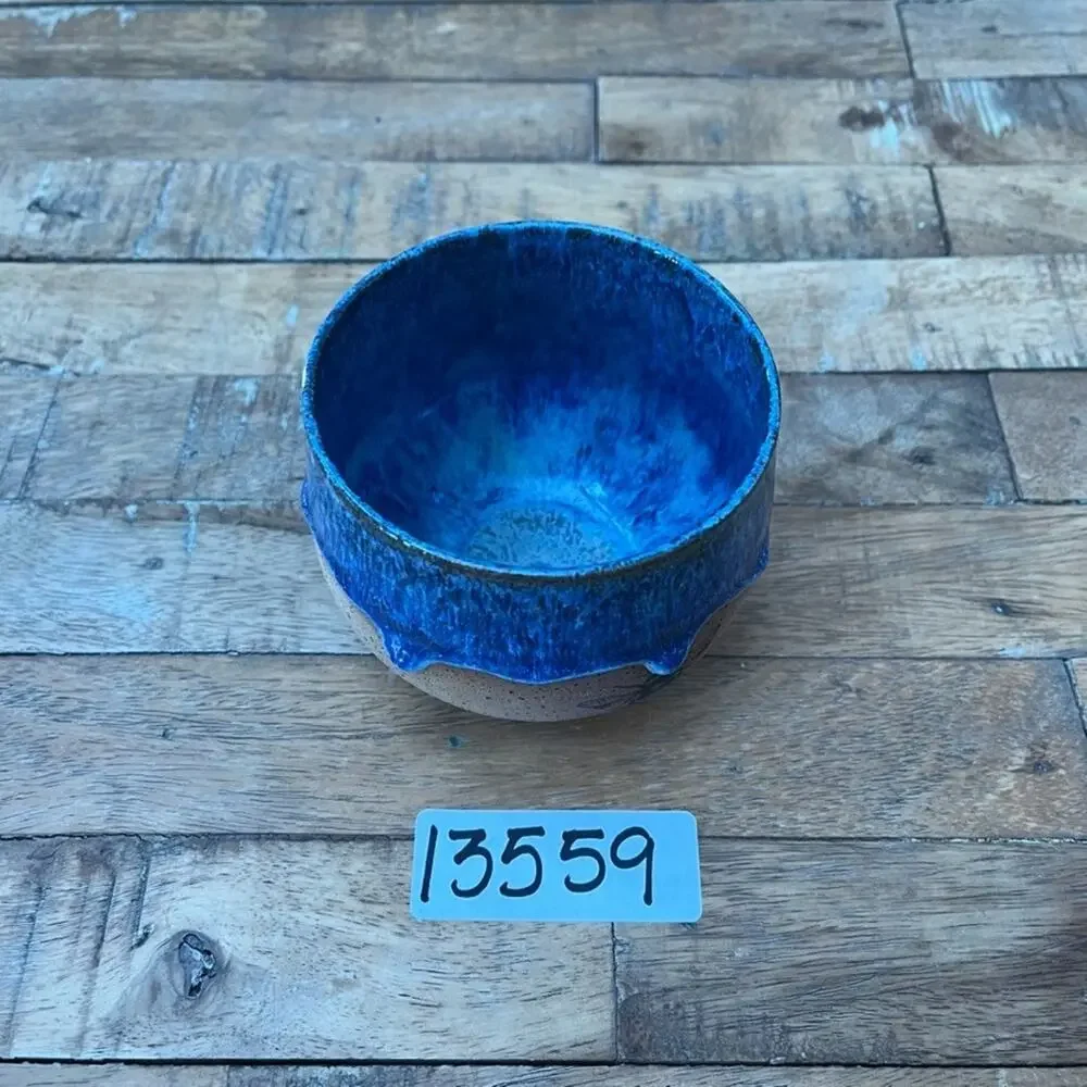 Handmade Stoneware Bowl Speckled Glossy Blue Drip Glaze Black Bees
